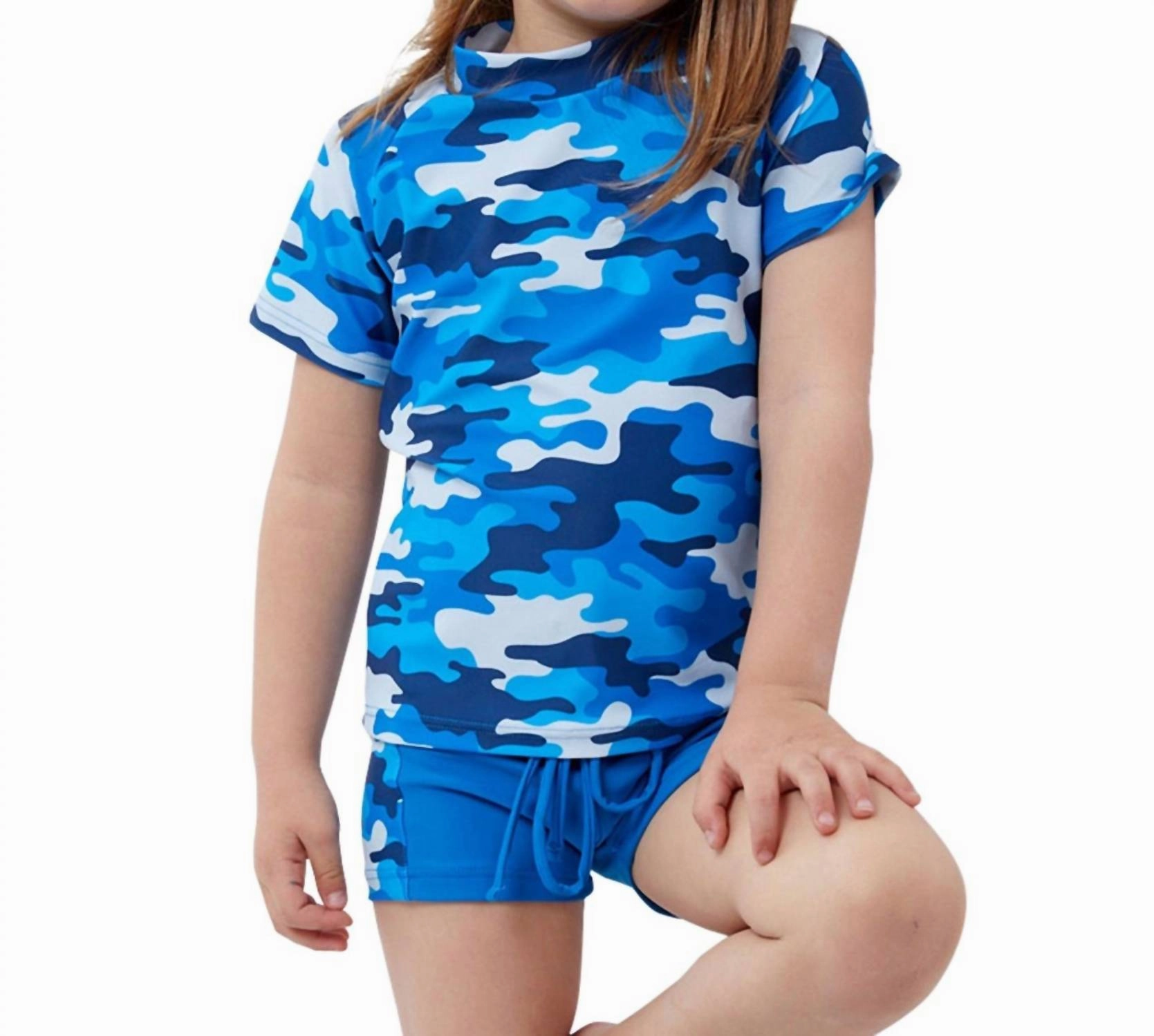 Kids Short Sleeve Swim Shirt With Matching Swim Short In Camo cute swimsuits for teen girls, modest teen swimwear