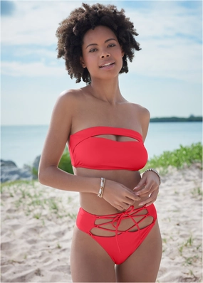 Lace-Up Bottom - Rosey Red plain swimwear women, minimalist swimsuits