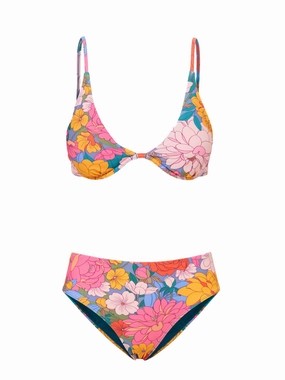 Leah Top   Classic Midrise Bottom in Zinnia Fields bikini bottom with tie sides, swim top for sunbathing