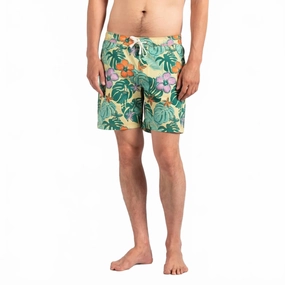 Lei Day Elastic Boardshort In Light Lemon mens full coverage swimwear, stylish mens swim trunks