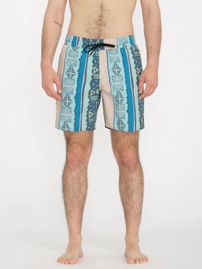 Lido Print Trunk 17" Boardshort In Crete Blue mens beach swimwear, quick dry mens swimsuits