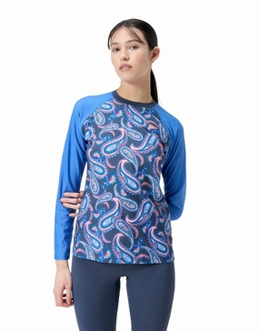 Long Sleeve Panel Printed Swim Tee - Blue/Pink minimalistic swimsuits women, sleek swimwear styles