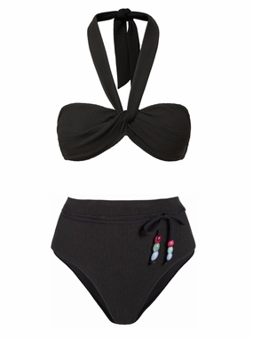 Loryn Swim Top   Belted Hi Waist Hi Leg Bottom Black Texture bikini bottom with tie sides, swim top for sunbathing