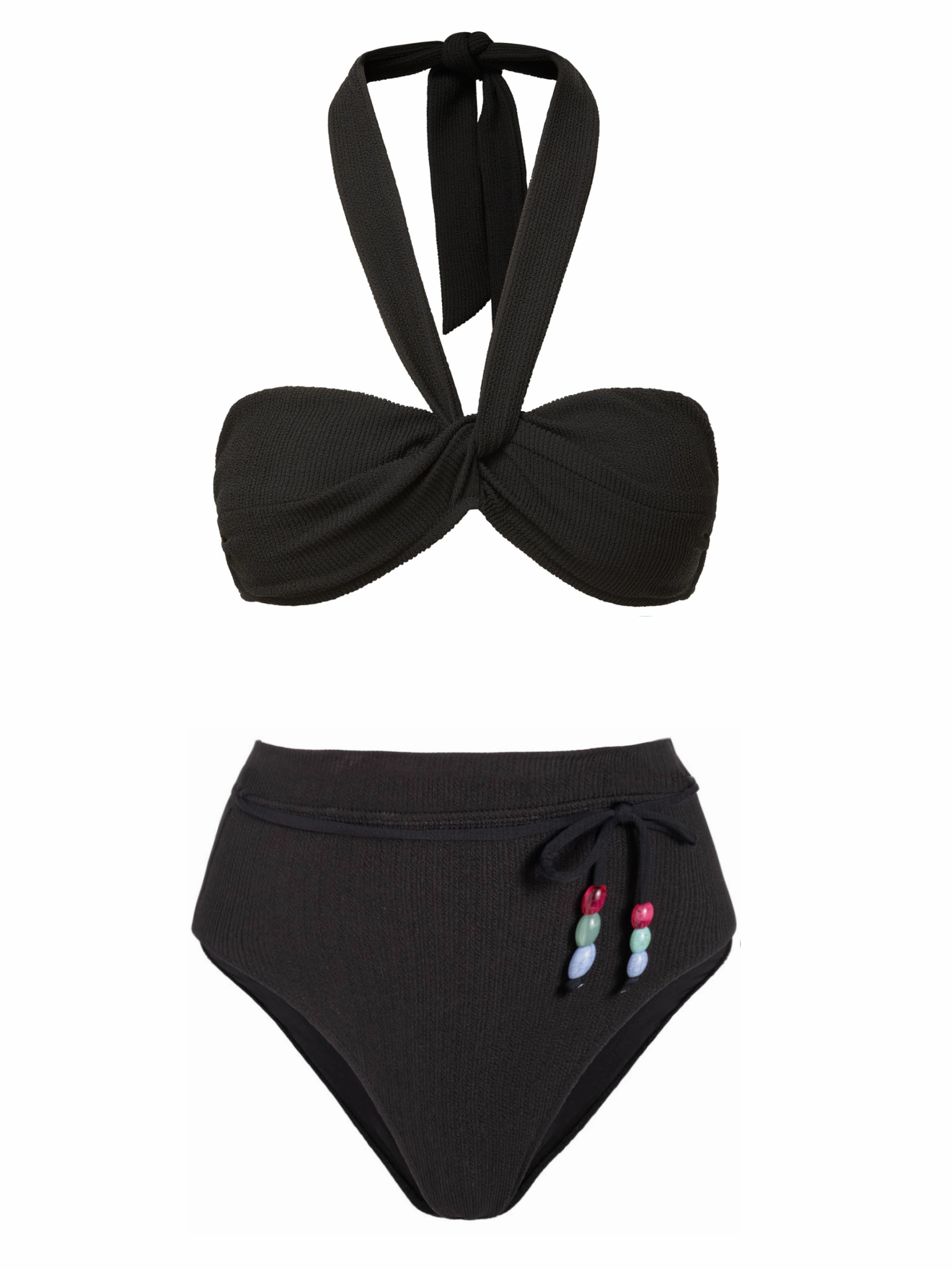 Loryn Swim Top   Belted Hi Waist Hi Leg Bottom Black Texture bikini bottom with tie sides, swim top for sunbathing