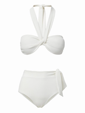 Loryn Top   Side Tie High Waist Bottom in Ivory Texture bikini bottom with tie sides, swim top for sunbathing