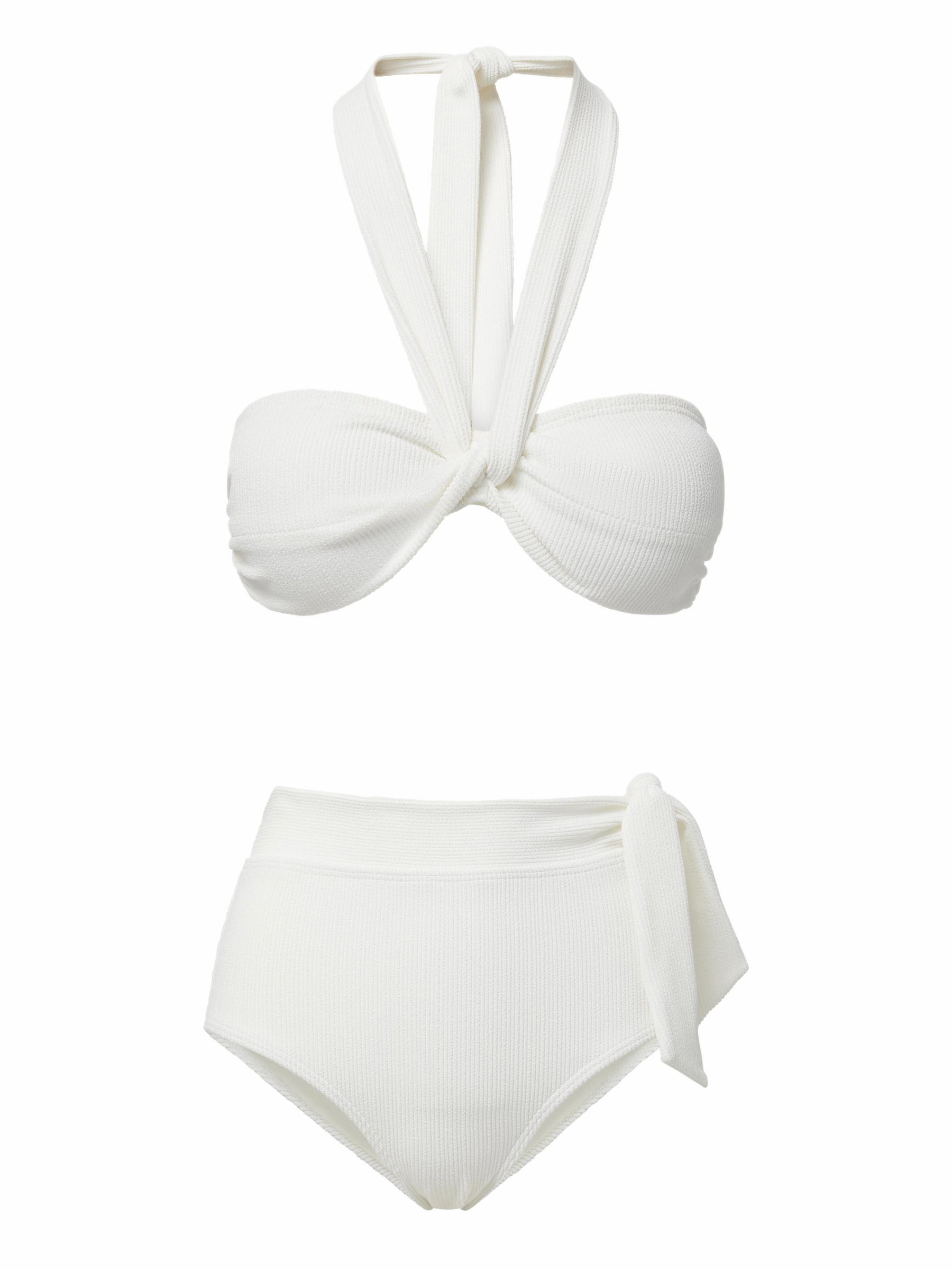 Loryn Top   Side Tie High Waist Bottom in Ivory Texture bikini bottom with tie sides, swim top for sunbathing