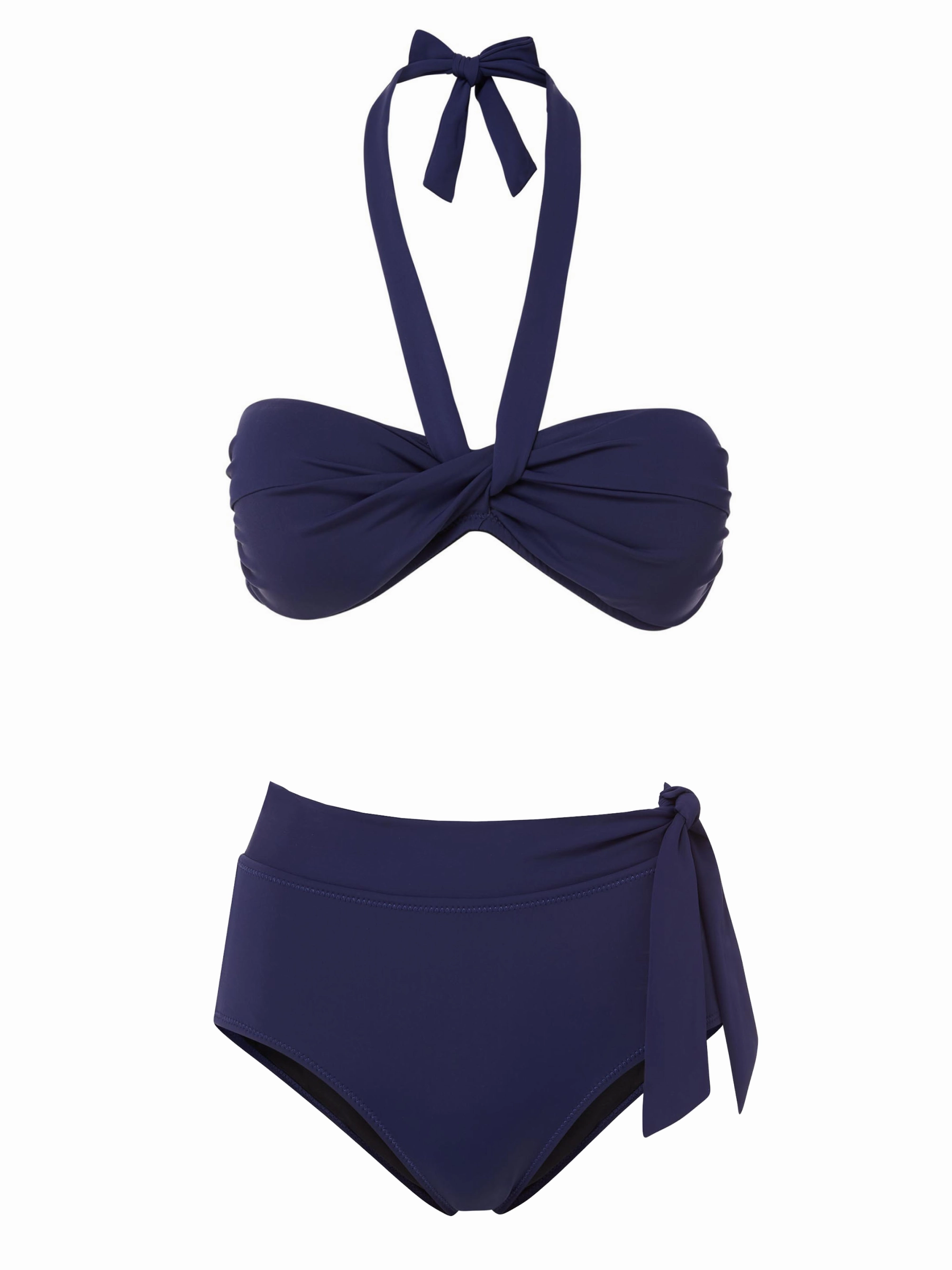 Loryn Top   Side Tie High Waist Bottom in Navy Satin bikini bottom with tie sides, swim top for sunbathing