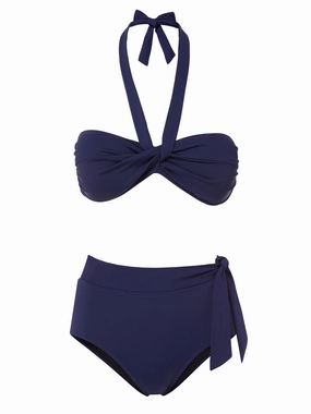Loryn Top   Side Tie High Waist Bottom in Navy Satin bikini bottom with tie sides, swim top for sunbathing