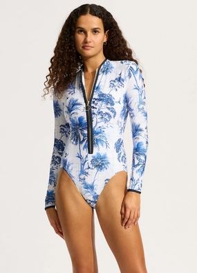 Marbella Zip Front Surf Suit - White Trellis slimming one piece swimsuits, fashionable one piece suits