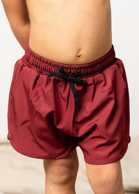 Maroon | Mini Retro Shorties boys summer swimwear, boys rash guard swim sets