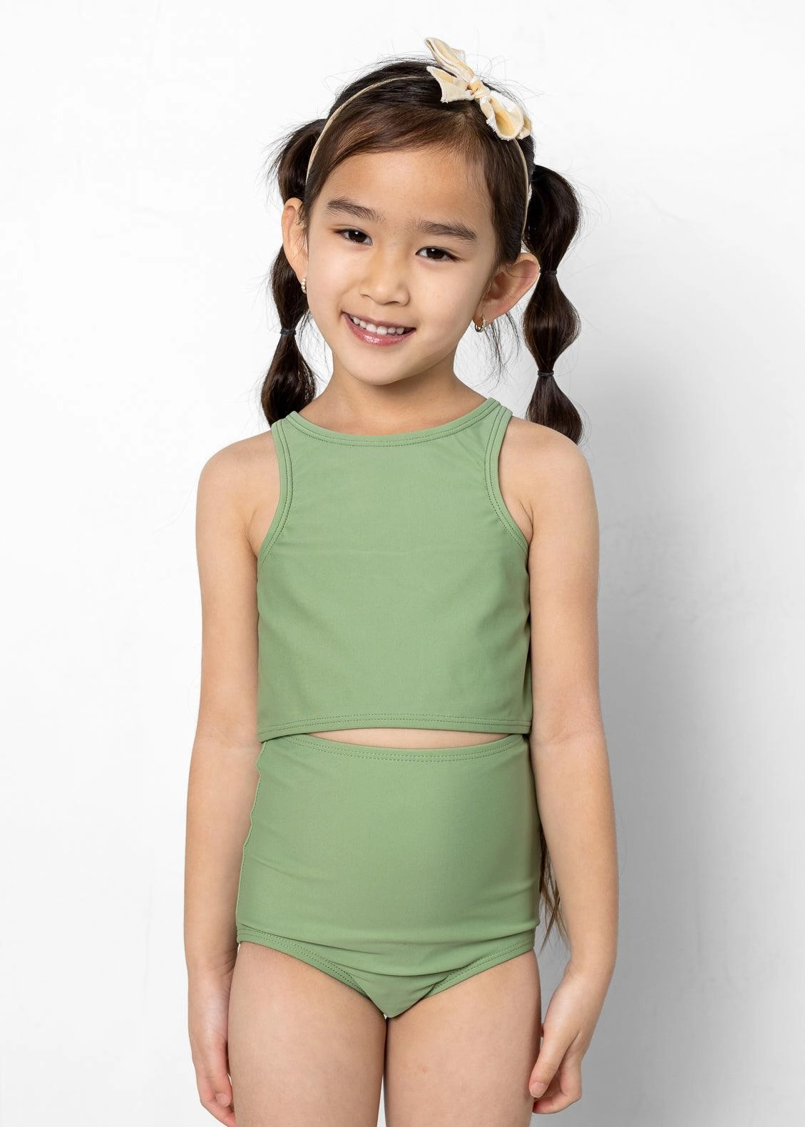 Meadow Green | Mini High-Waisted Bottoms girls full coverage swimwear, kids swimwear for pool