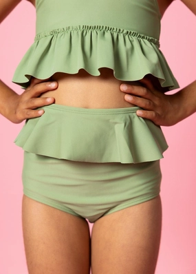 Meadow Green | Mini Peplum Bottoms girls full coverage swimwear, kids swimwear for pool