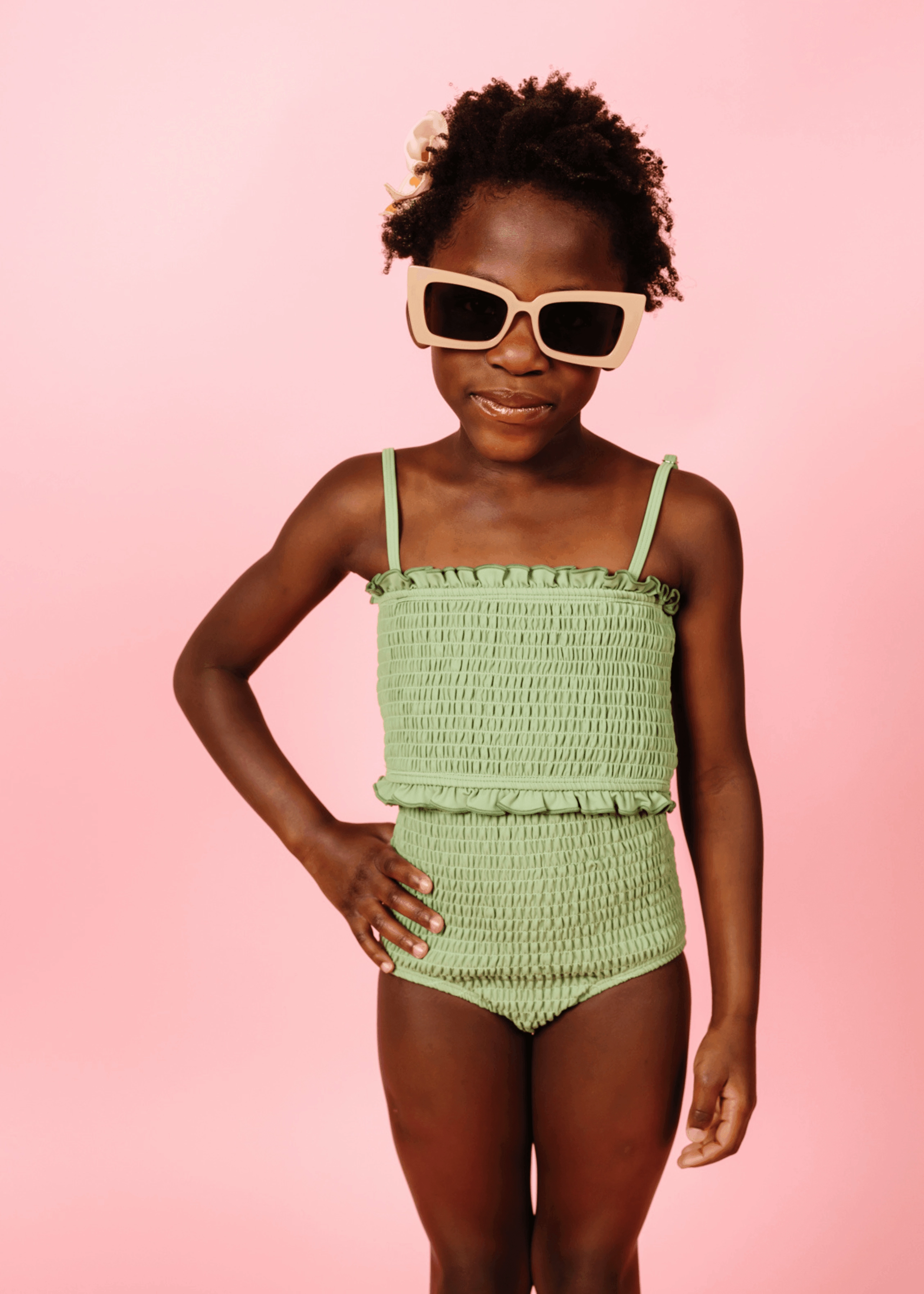 Meadow Green | Mini Smocked Bottoms girls full coverage swimwear, kids swimwear for pool