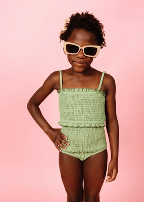 Meadow Green | Mini Smocked Bottoms girls full coverage swimwear, kids swimwear for pool