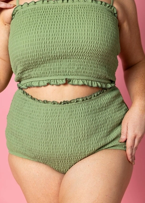 Meadow Green | Smocked Bottoms elastic waistband swim bottoms, mix-and-match bikini bottoms