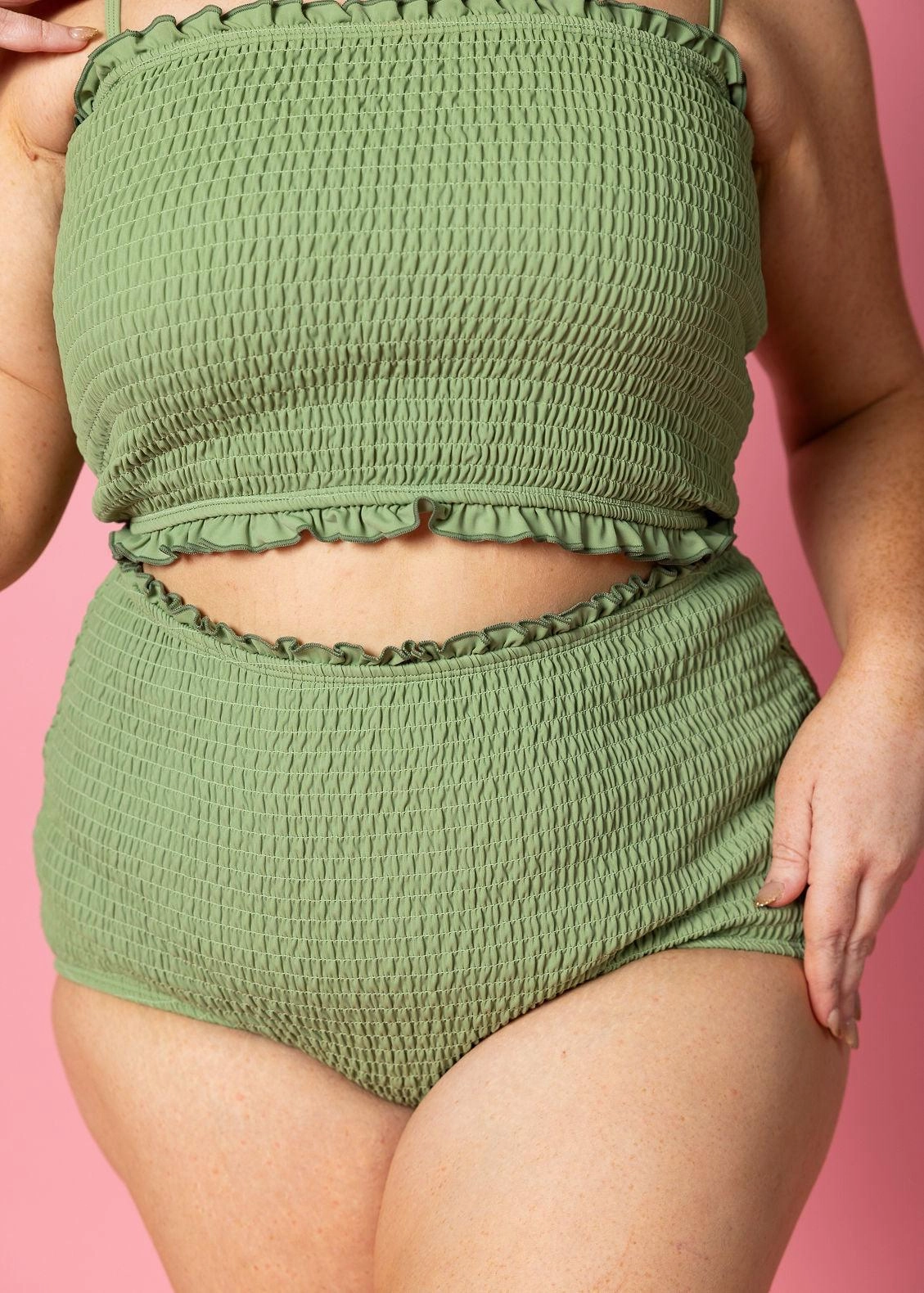Meadow Green | Smocked Bottoms elastic waistband swim bottoms, mix-and-match bikini bottoms