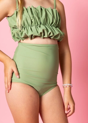Meadow Green | Youth High-Waisted Bottoms girls full coverage swimwear, kids swimwear for pool