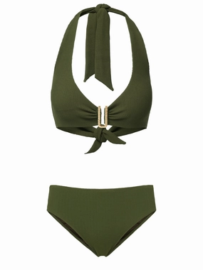 Melissa Top   Classic Midrise Bottom in Olive Texture bikini bottom with tie sides, swim top for sunbathing