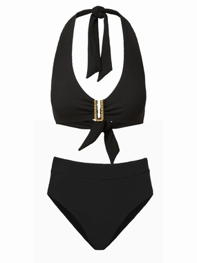 Melissa Top   Hi Waist Hi Leg Bottom in Black Texture bikini bottom with tie sides, swim top for sunbathing