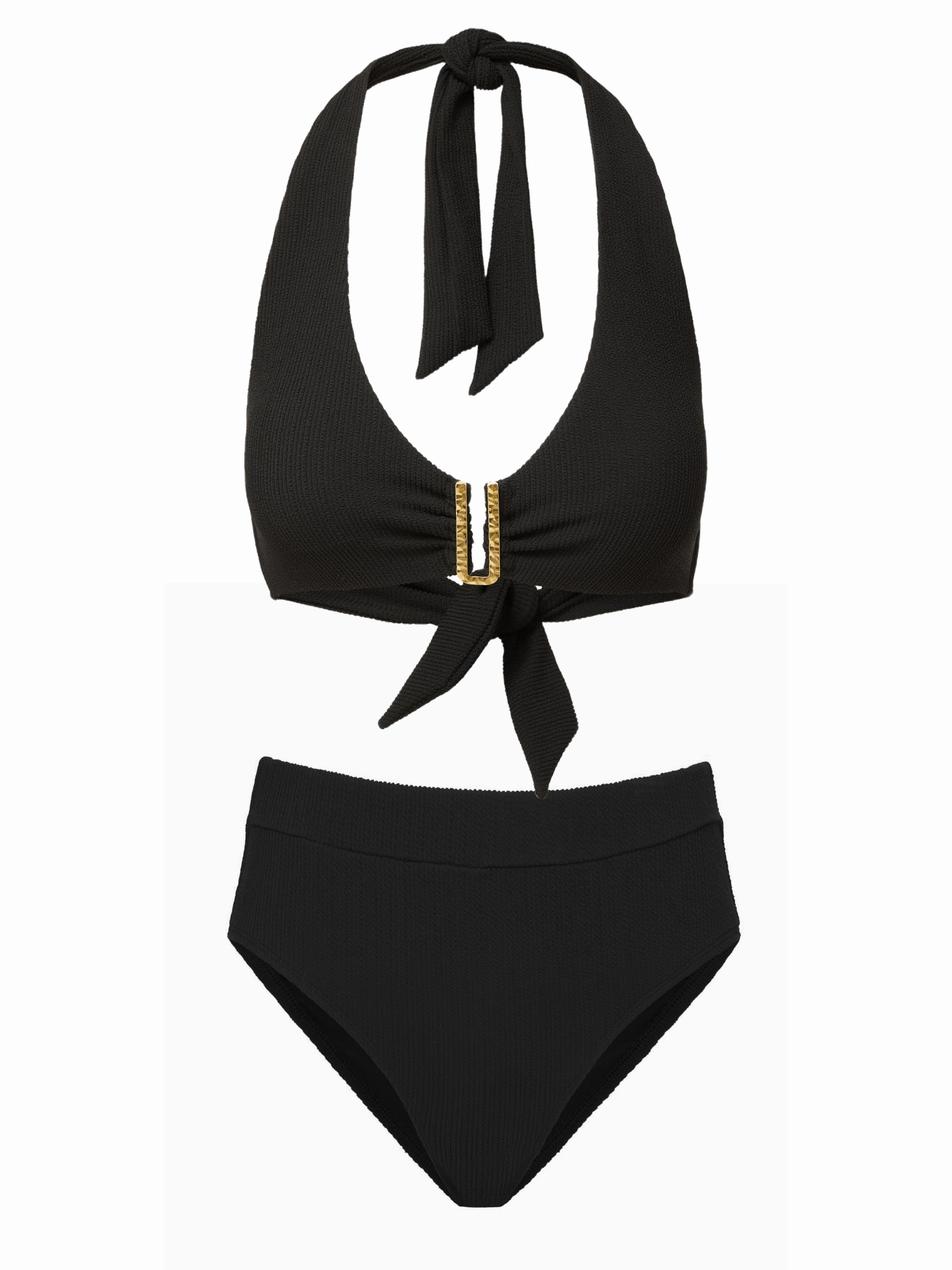 Melissa Top   Hi Waist Hi Leg Bottom in Black Texture bikini bottom with tie sides, swim top for sunbathing