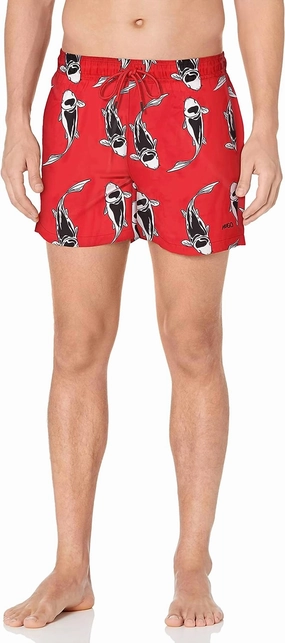 Men's Fish Animal Print Drawstrings Waist Swim Shorts In Red mens beach swimwear, quick dry mens swimsuits