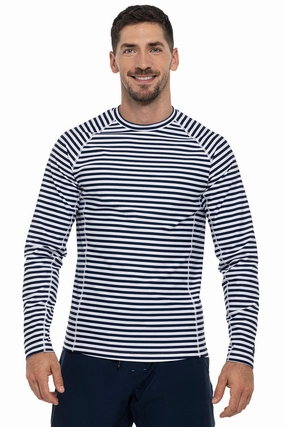 Men's Hightide Long Sleeve Swim Shirt | White/Navy Stripe men's full coverage swimwear, casual swimwear for men