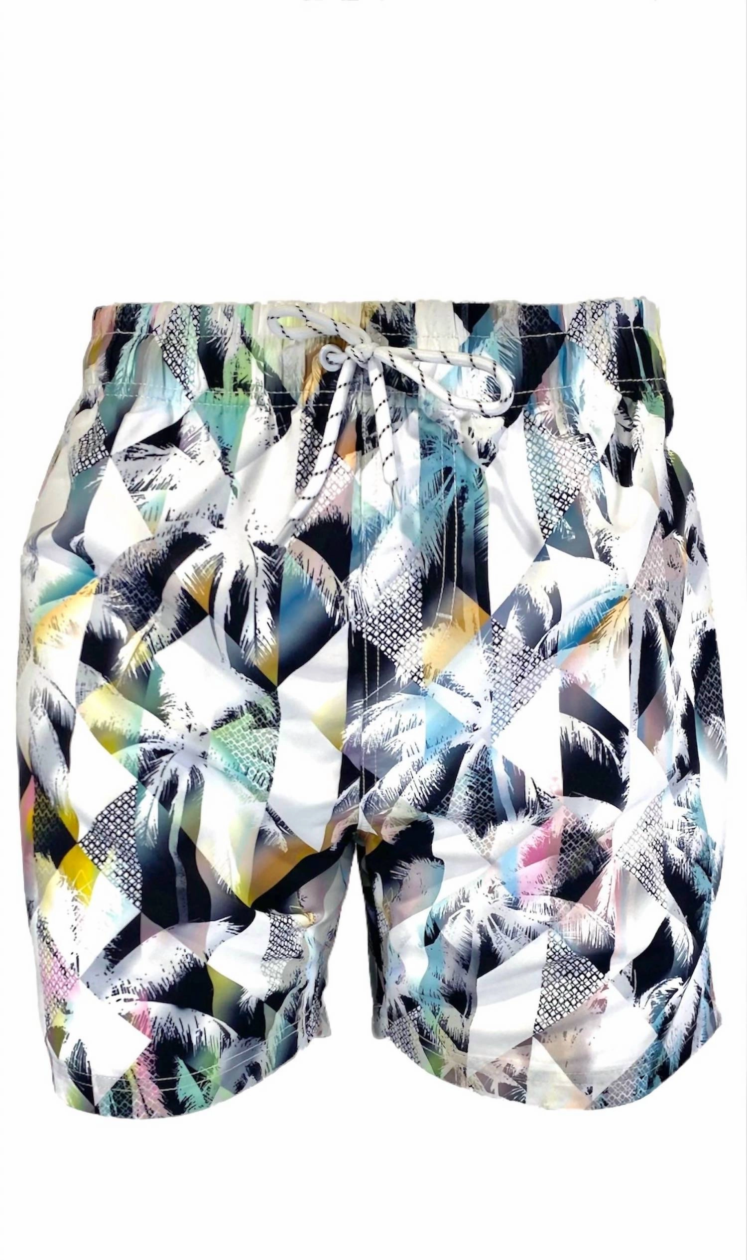 Men's Swim Short In Multi Grid Palms mens beach swimwear, quick dry mens swimsuits