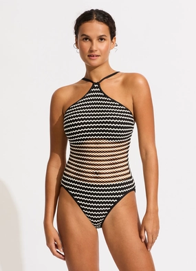 Mesh Effect DD High Neck One Piece - Black slimming one piece swimsuits, fashionable one piece suits