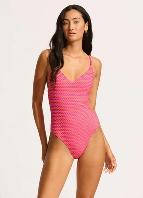 Mesh Effect V Neck One Piece - Hot Pink slimming one piece swimsuits, fashionable one piece suits