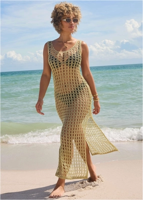 Metallic Crochet Coverup - Glittery Gold swimwear with tummy control, elegant swimsuits for women