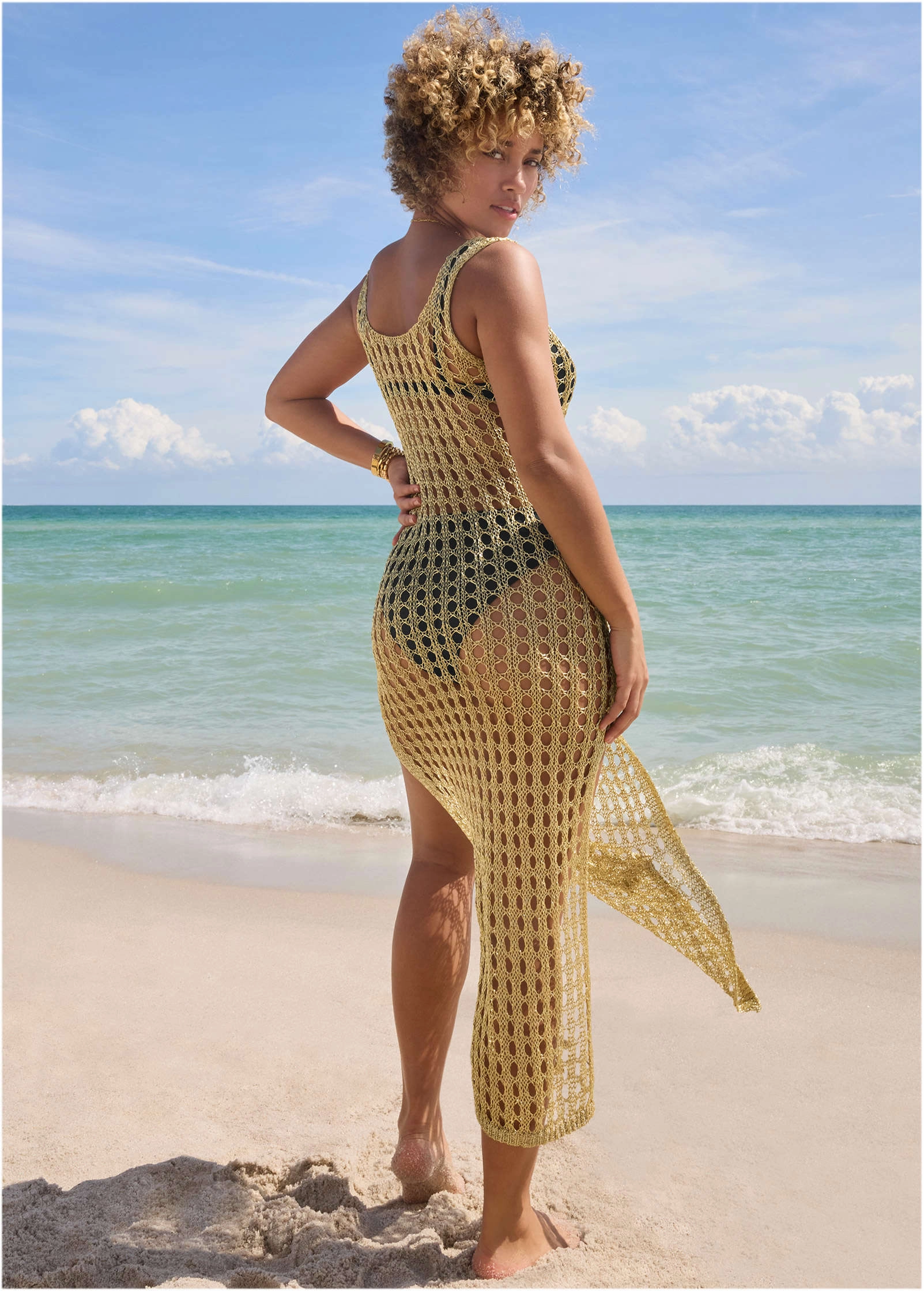 Metallic Crochet Coverup - Glittery Gold