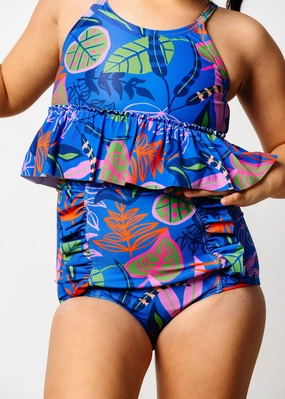 Midnight Jungle | Mini Down in Front Ruffle Bottoms cute girls swimsuits, stylish swimwear for girls