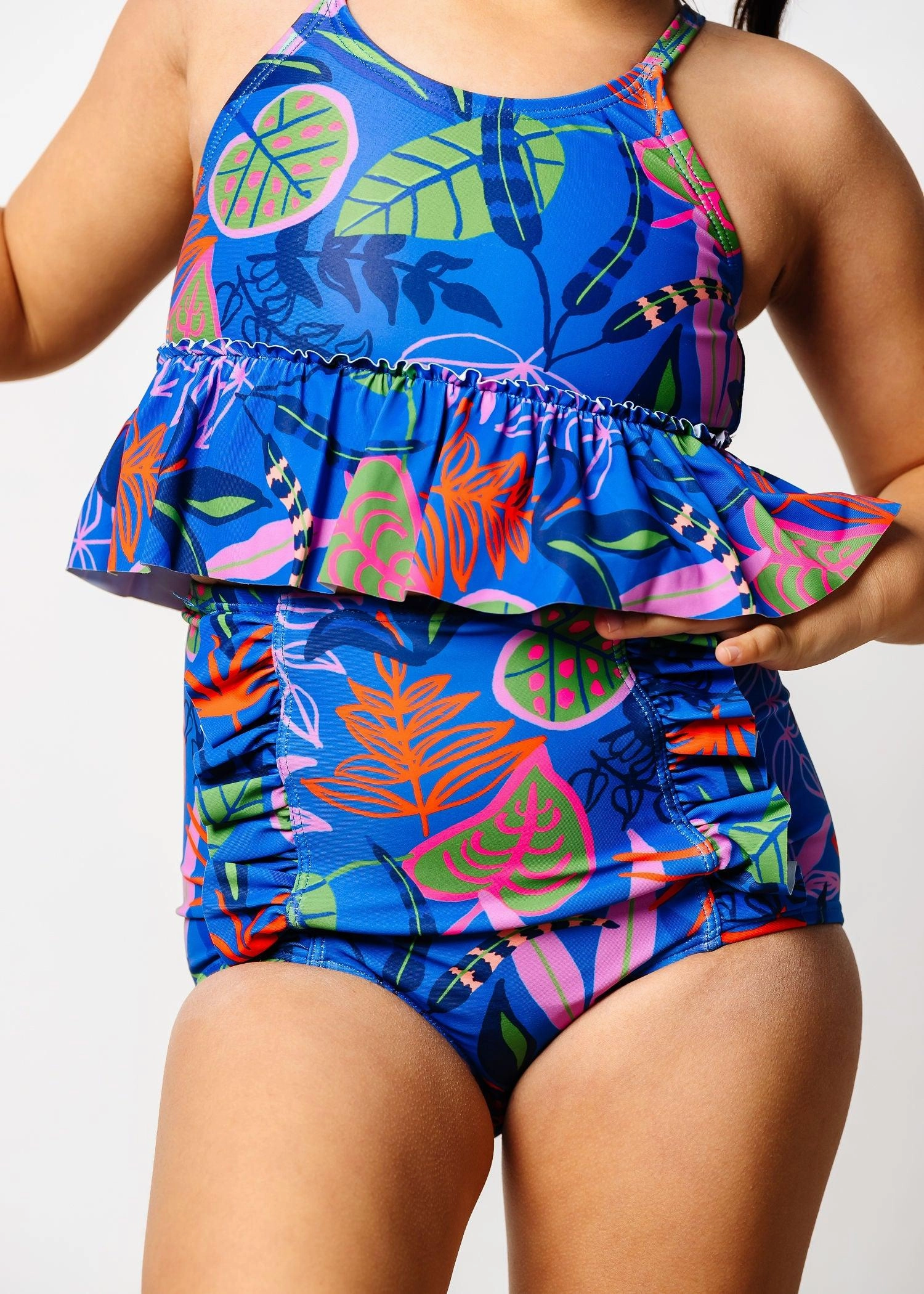 Midnight Jungle | Mini Down in Front Ruffle Bottoms cute girls swimsuits, stylish swimwear for girls