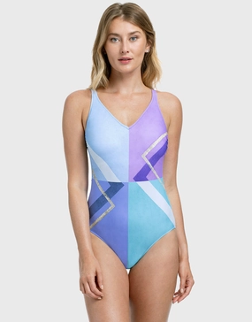 Modern Art V Neck Swimsuit - Multi Blue tummy control swimwear women, slimming swimsuits