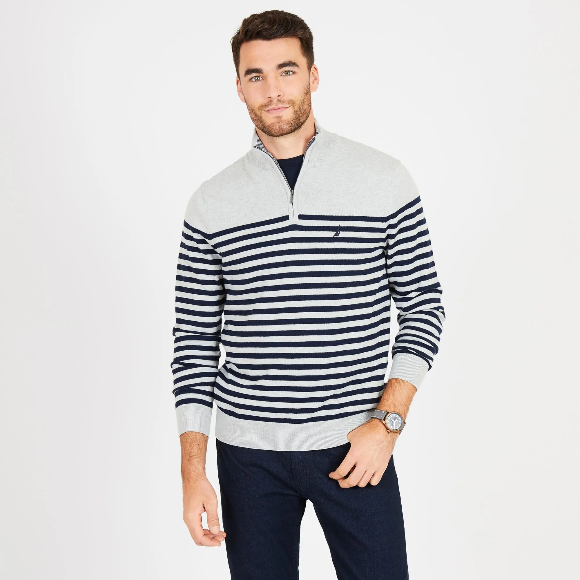 Nautica Men's Big & Tall Mock-Neck Breton Stripe Sweater Grey Heather Nautica