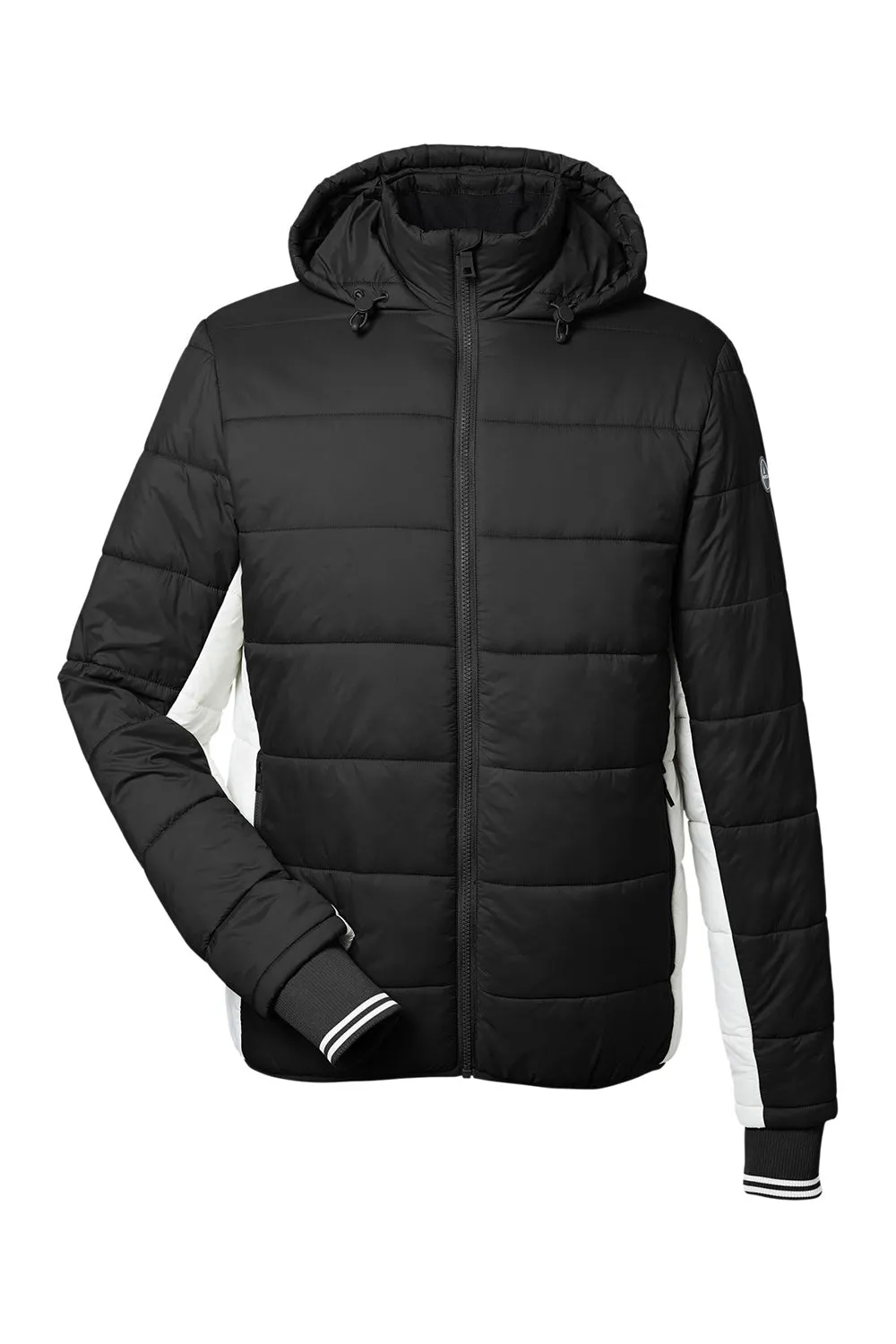 Nautica Mens Nautical Mile Wind Resistant Packable Full Zip Hooded Puffer Jacket - Black/Antique White