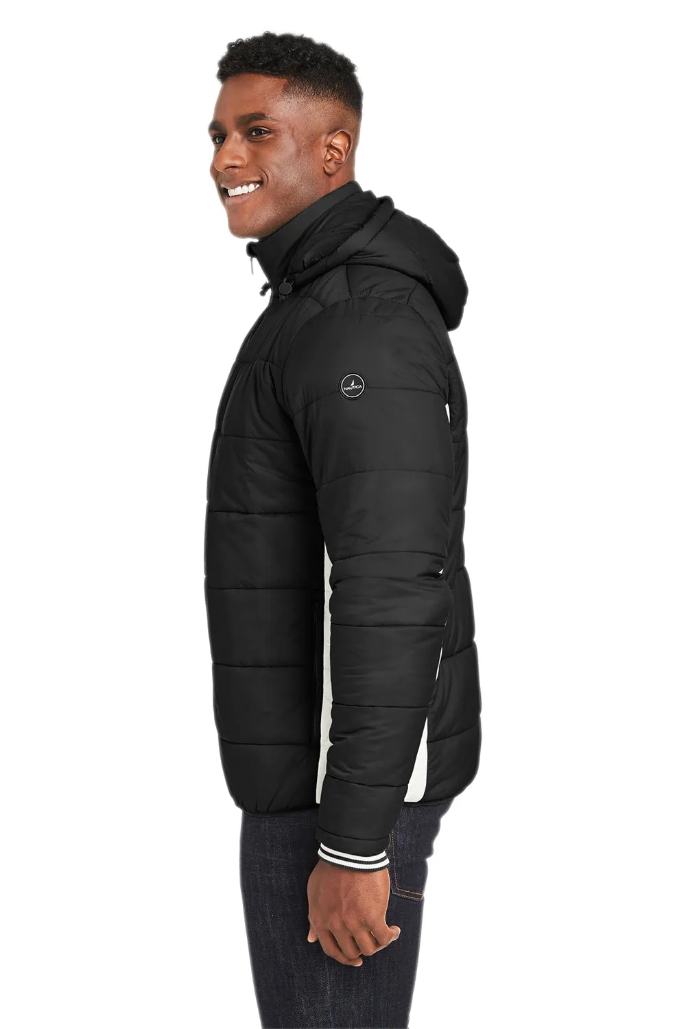 Nautica Mens Nautical Mile Wind Resistant Packable Full Zip Hooded Puffer Jacket - Black/Antique White