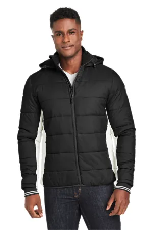 Nautica Mens Nautical Mile Wind Resistant Packable Full Zip Hooded Puffer Jacket - Black/Antique White