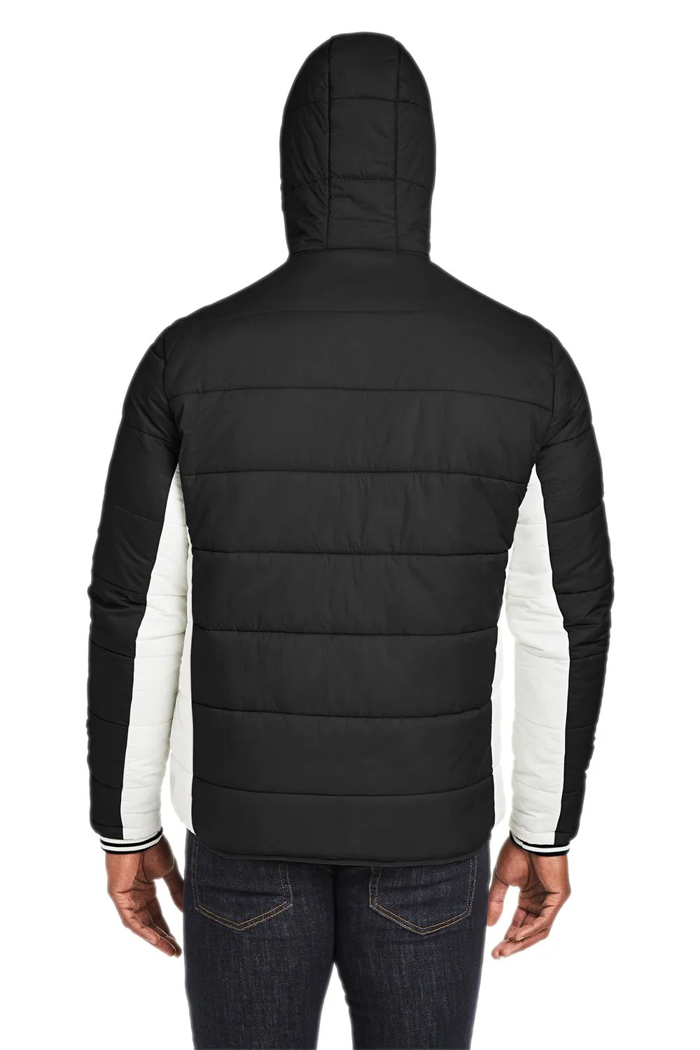 Nautica Mens Nautical Mile Wind Resistant Packable Full Zip Hooded Puffer Jacket - Black/Antique White