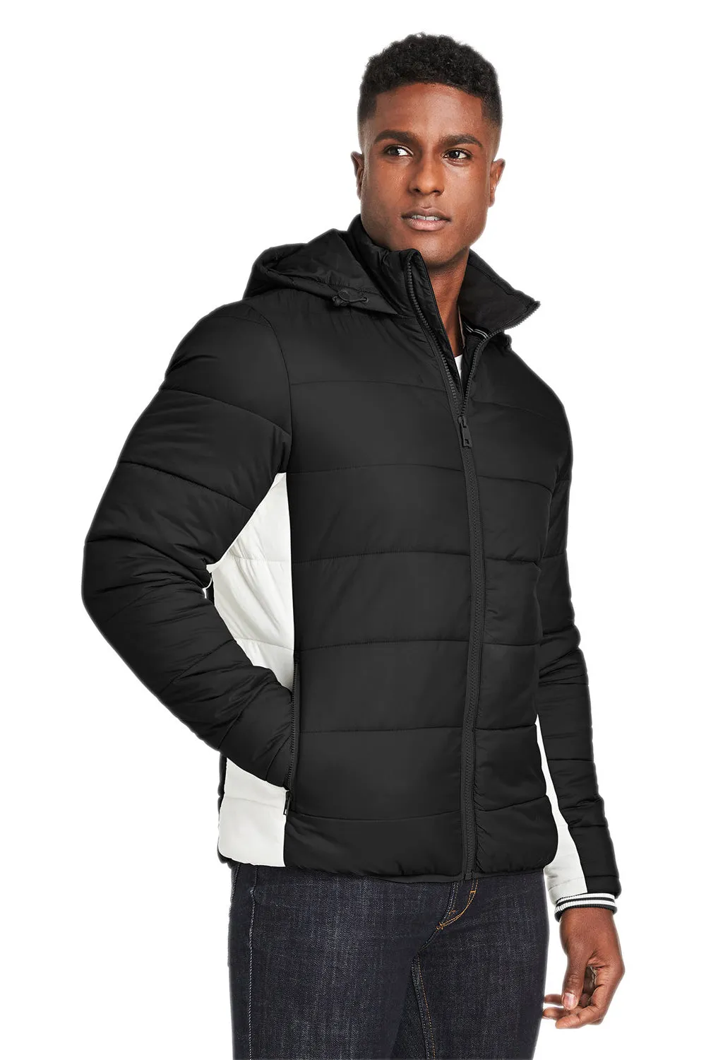 Nautica Mens Nautical Mile Wind Resistant Packable Full Zip Hooded Puffer Jacket - Black/Antique White