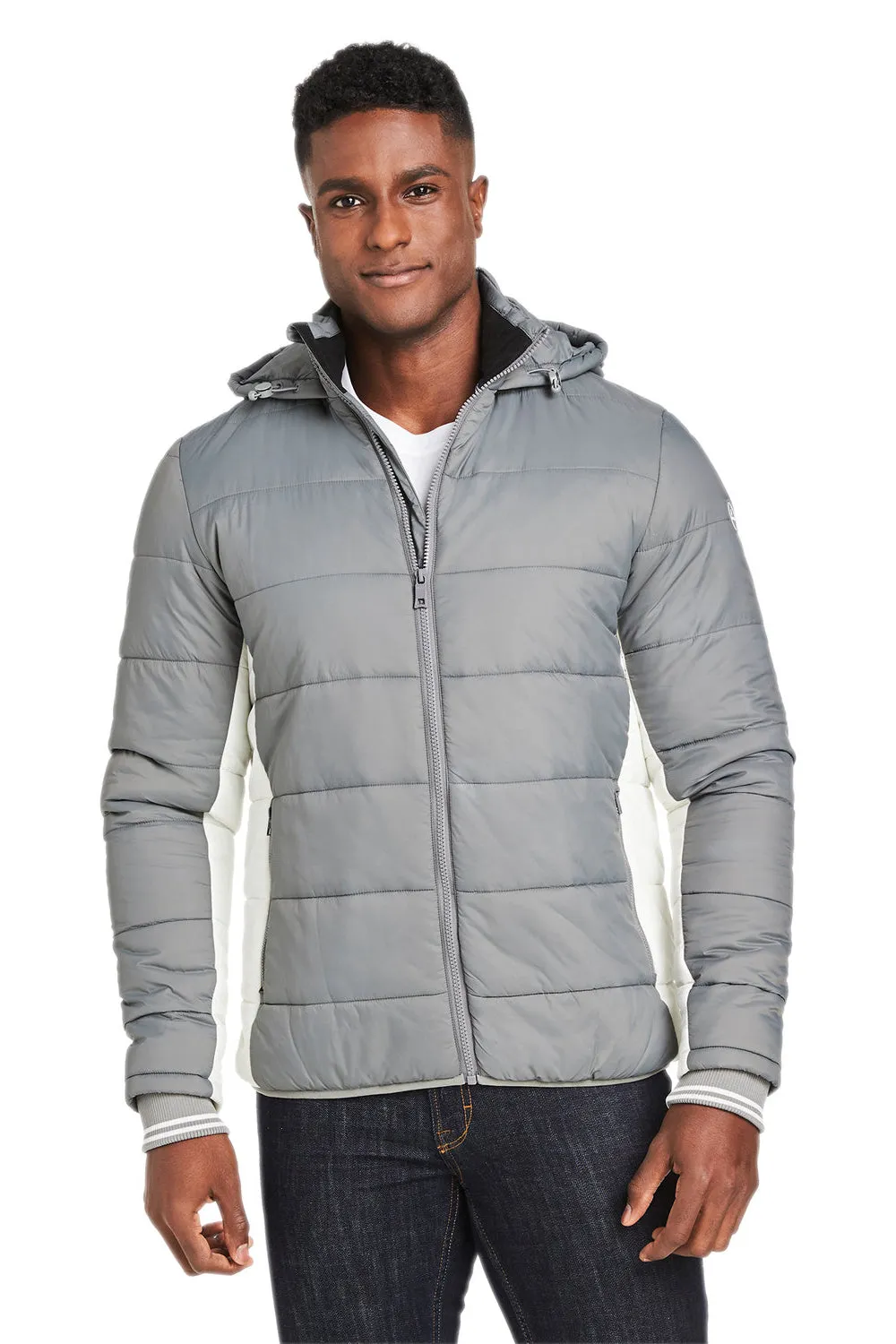 Nautica Mens Nautical Mile Wind Resistant Packable Full Zip Hooded Puffer Jacket - Graphite Grey/Antique White
