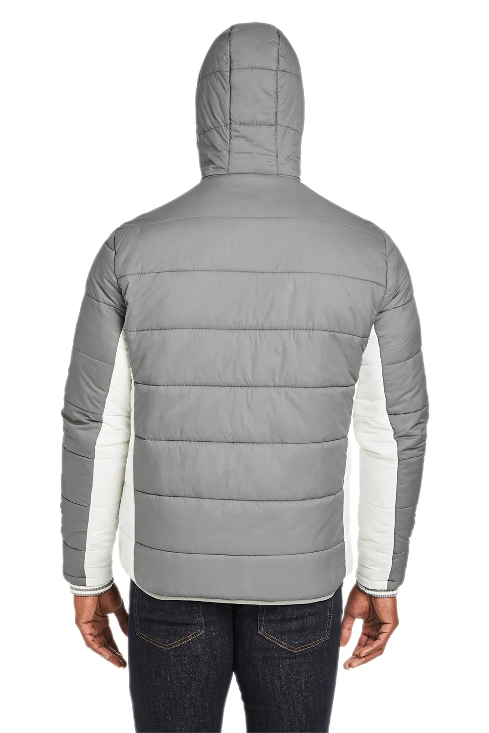 Nautica Mens Nautical Mile Wind Resistant Packable Full Zip Hooded Puffer Jacket - Graphite Grey/Antique White