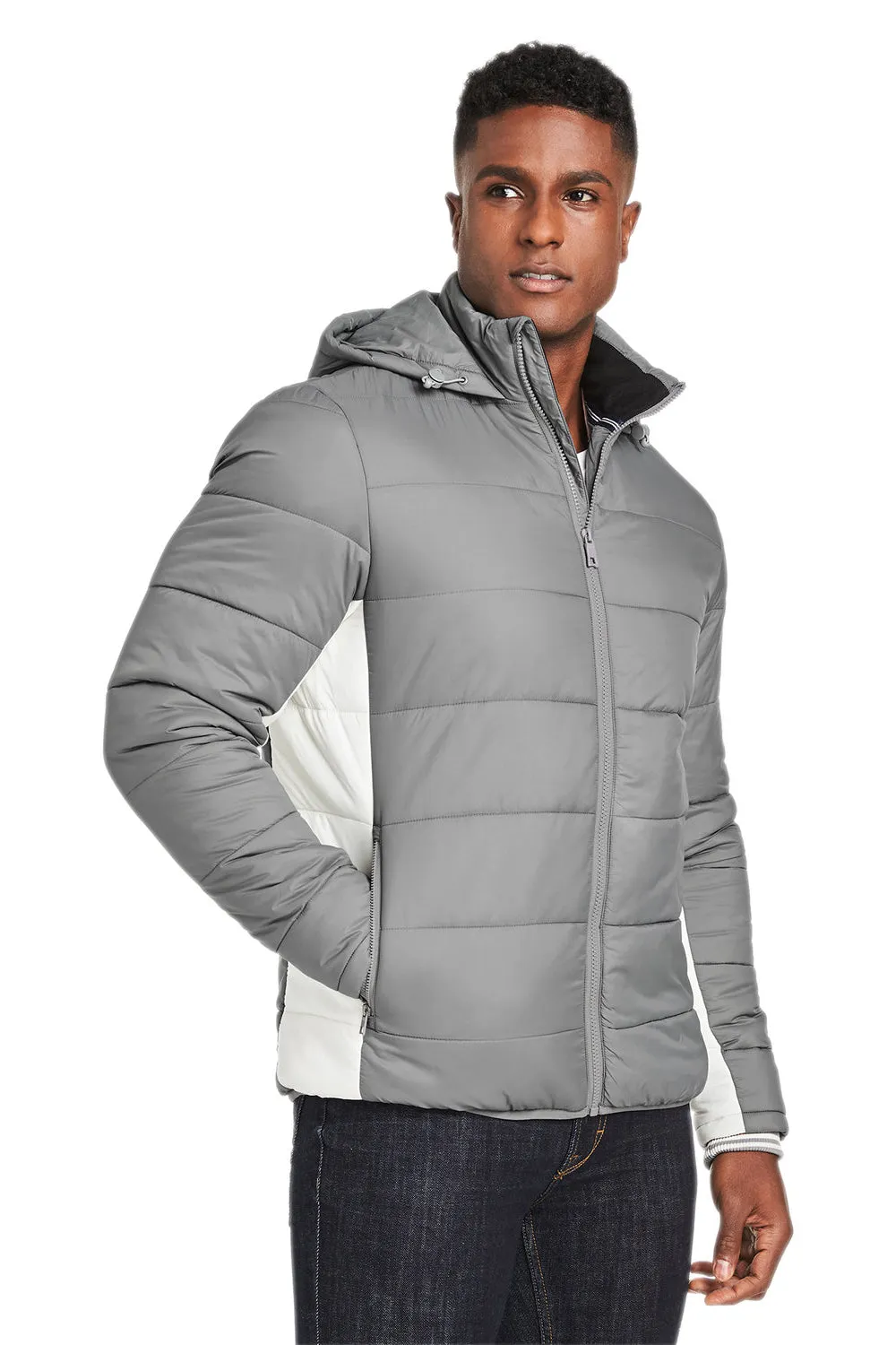 Nautica Mens Nautical Mile Wind Resistant Packable Full Zip Hooded Puffer Jacket - Graphite Grey/Antique White
