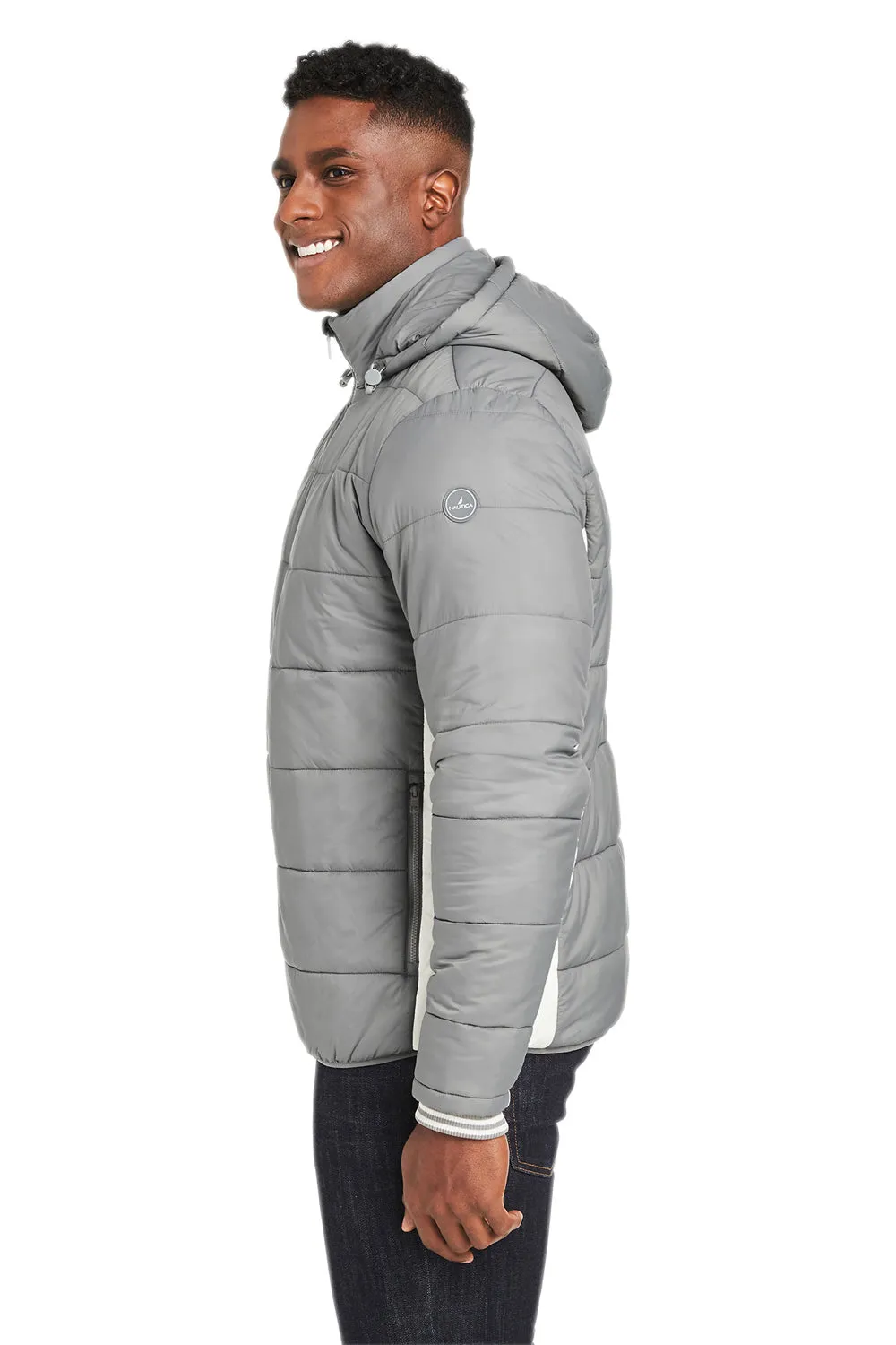 Nautica Mens Nautical Mile Wind Resistant Packable Full Zip Hooded Puffer Jacket - Graphite Grey/Antique White