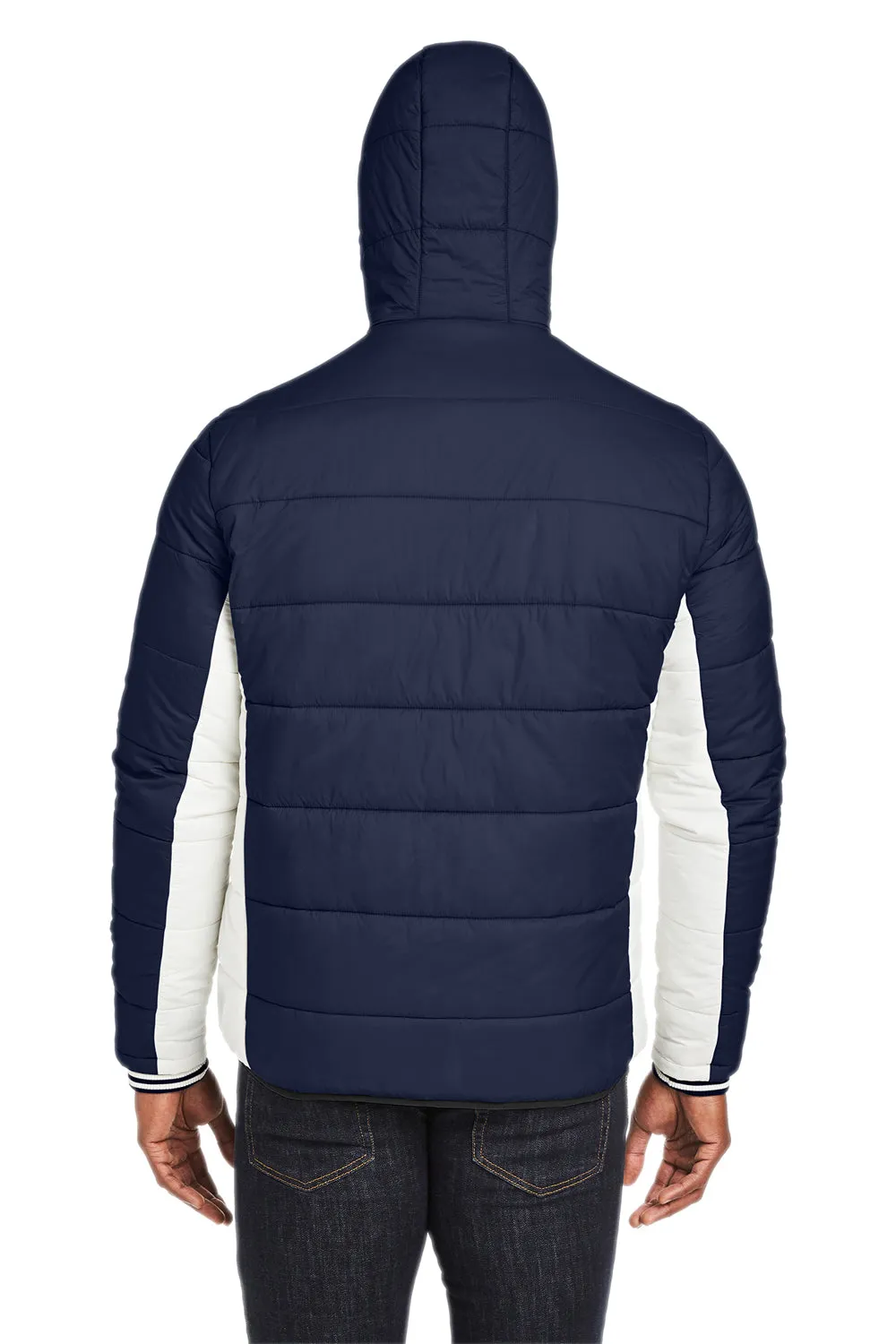 Nautica Mens Nautical Mile Wind Resistant Packable Full Zip Hooded Puffer Jacket - Night Navy Blue/Antique White  BEST on sale Clothing Nautica