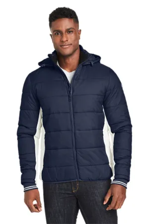 Nautica Mens Nautical Mile Wind Resistant Packable Full Zip Hooded Puffer Jacket - Night Navy Blue/Antique White  BEST on sale Clothing Nautica