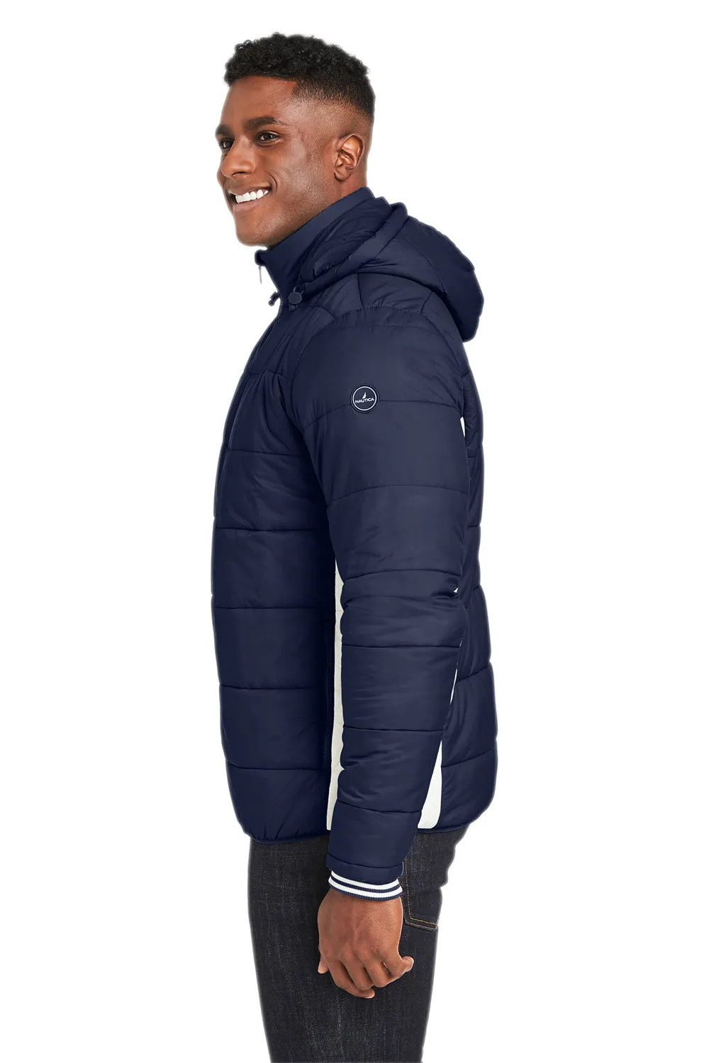 Nautica Mens Nautical Mile Wind Resistant Packable Full Zip Hooded Puffer Jacket - Night Navy Blue/Antique White  BEST on sale Clothing Nautica