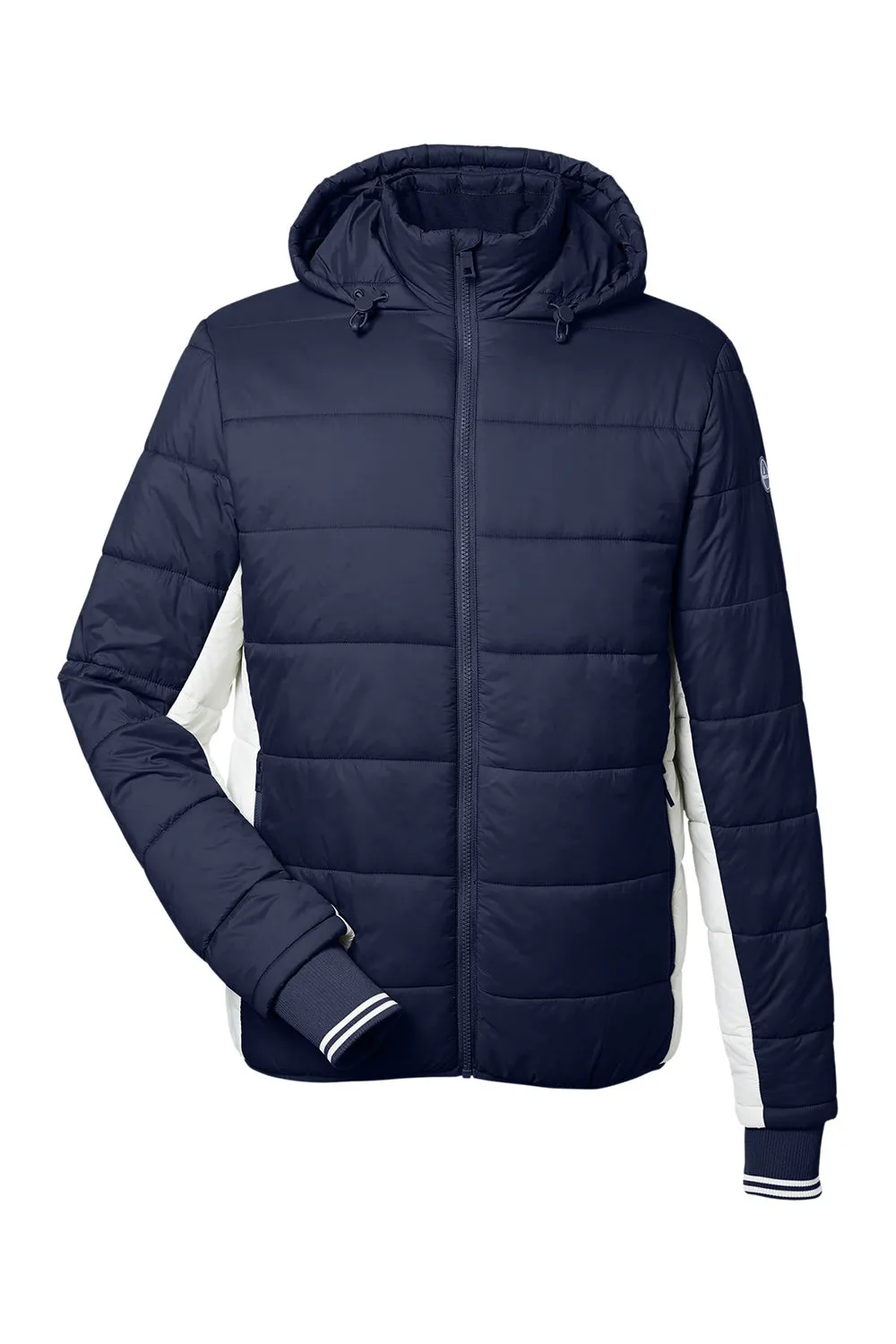 Nautica Mens Nautical Mile Wind Resistant Packable Full Zip Hooded Puffer Jacket - Night Navy Blue/Antique White  BEST on sale Clothing Nautica
