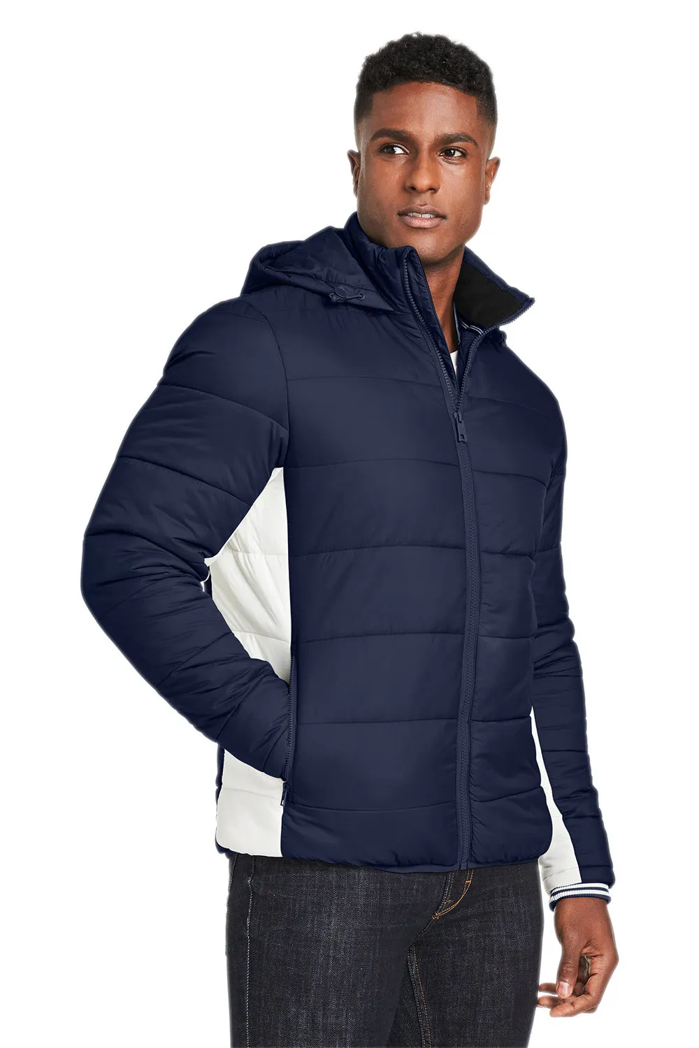 Nautica Mens Nautical Mile Wind Resistant Packable Full Zip Hooded Puffer Jacket - Night Navy Blue/Antique White  BEST on sale Clothing Nautica