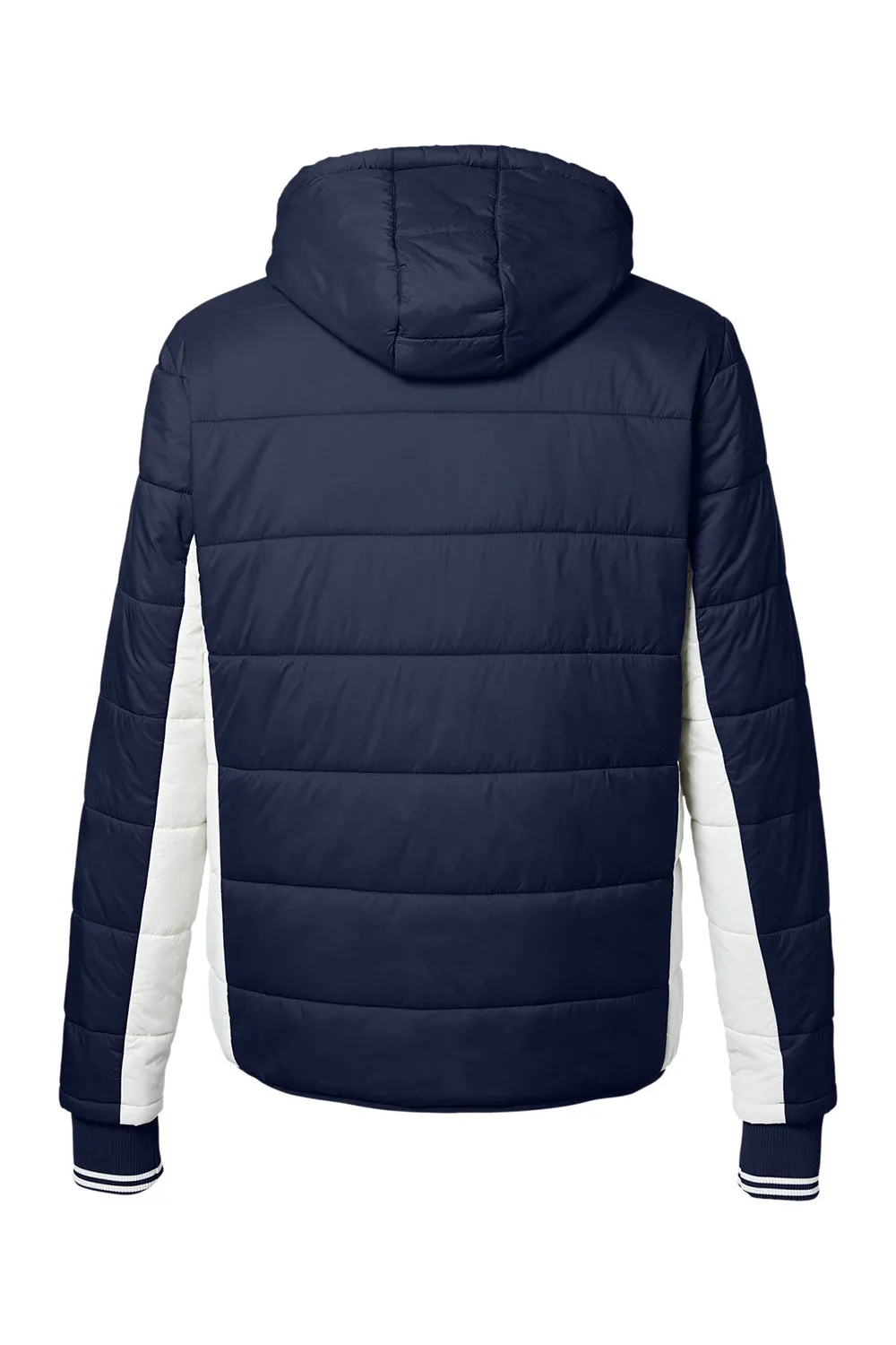 Nautica Mens Nautical Mile Wind Resistant Packable Full Zip Hooded Puffer Jacket - Night Navy Blue/Antique White